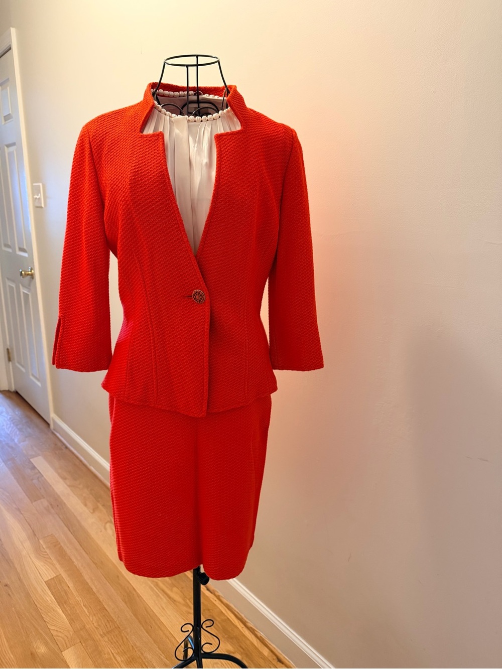 St. John orange-red three quarter knit skirt suit